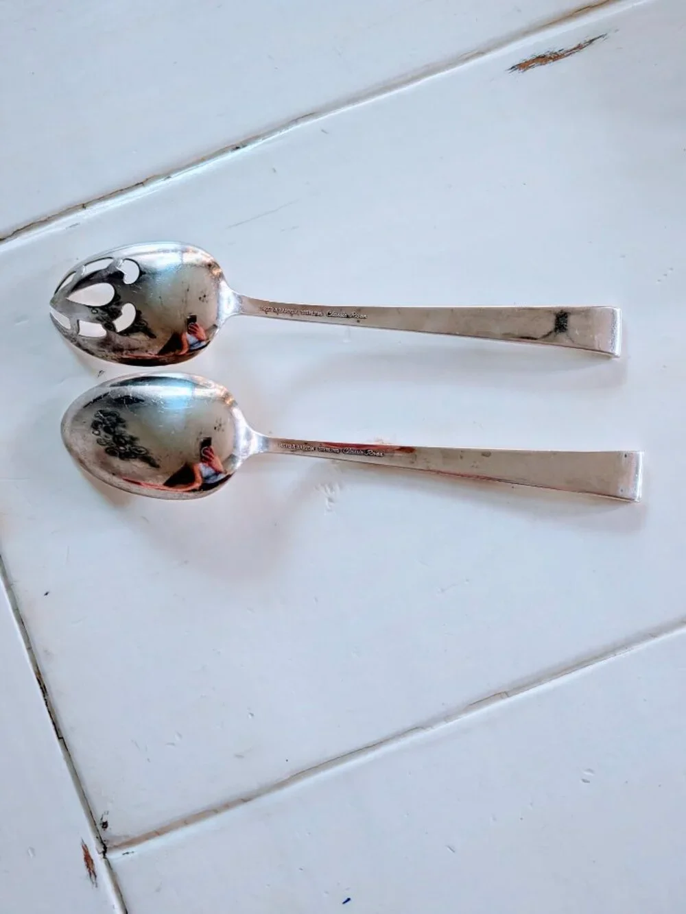 VTG 2 pc Reed & Barton Classic Rose Sterling Silver Table Serving Spoon Pierced